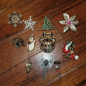 Set of 11 beaded and bejeweled Christmas brooches-pins